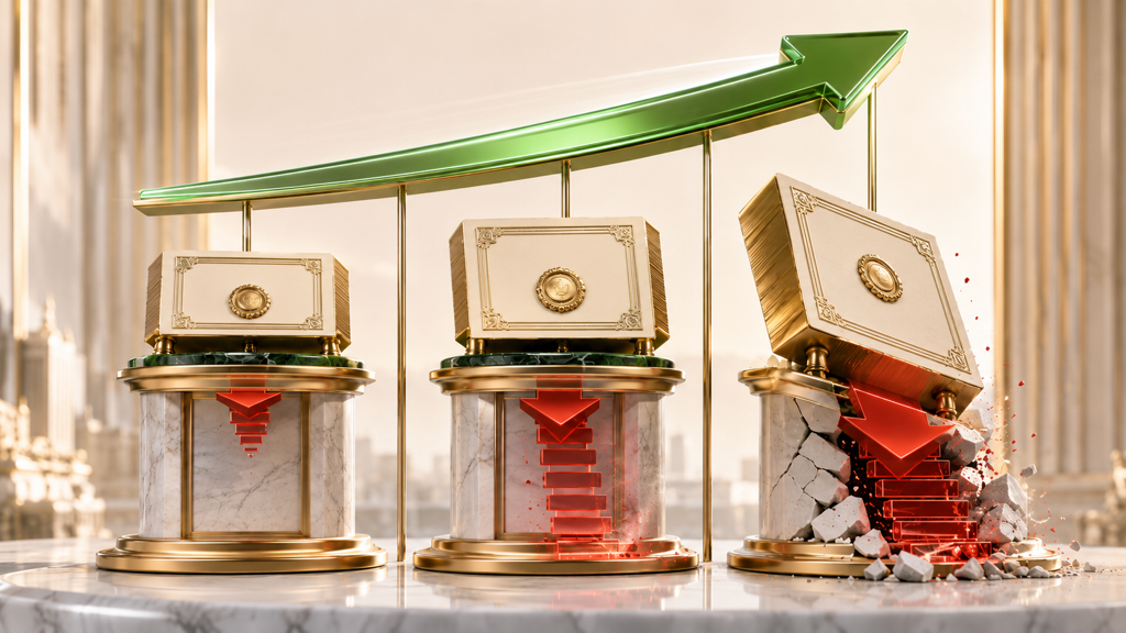 Bond price moves scaling with duration length — a minimal 3D isometric glass panel hero with bars showing price impact under a 1% rate move for 5-year, 17-year, and 30-year durations in the Kistack fintech tone