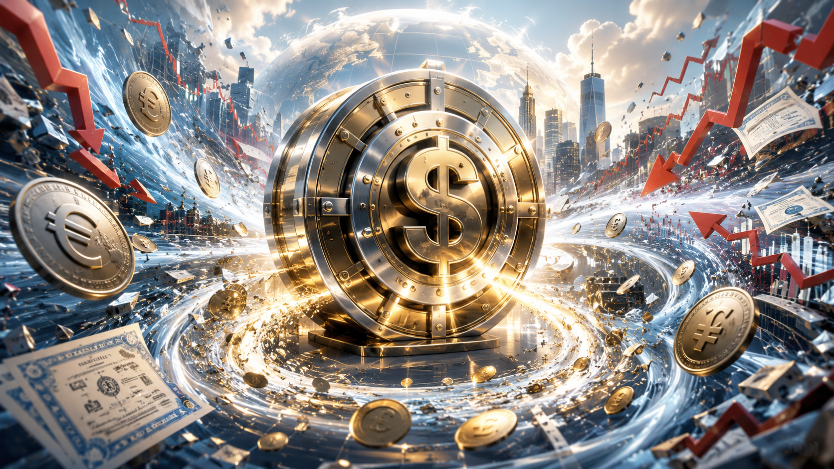 Hedged versus unhedged decision factors — a minimal 3D isometric glass panel with short-horizon and long-horizon investing scenarios on either side and a central arrow tracing the dollar-strengthening mechanism during crisis periods in the Kistack fintech tone