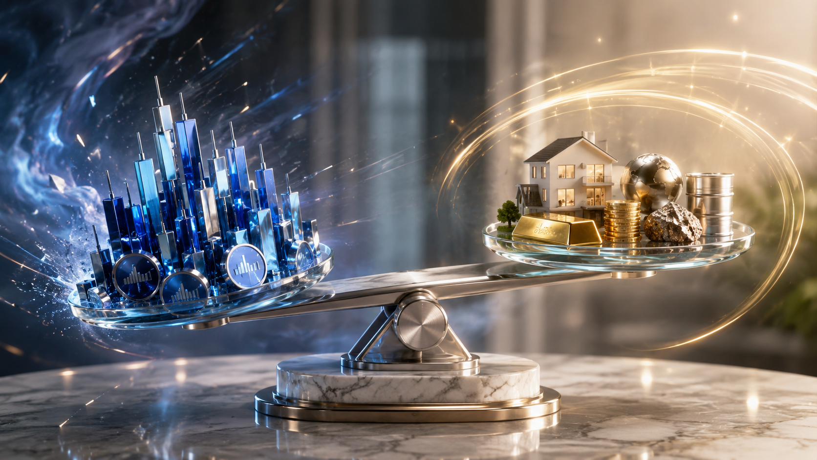 ETF coverage extended to asset-class diversification — a minimal 3D isometric glass panel hero with a left side showing a stocks-only ETF stance and a right side showing a stock-bond-gold ETF mix, with a central arrow tracing how shocks distribute differently in a crisis in the Kistack fintech tone