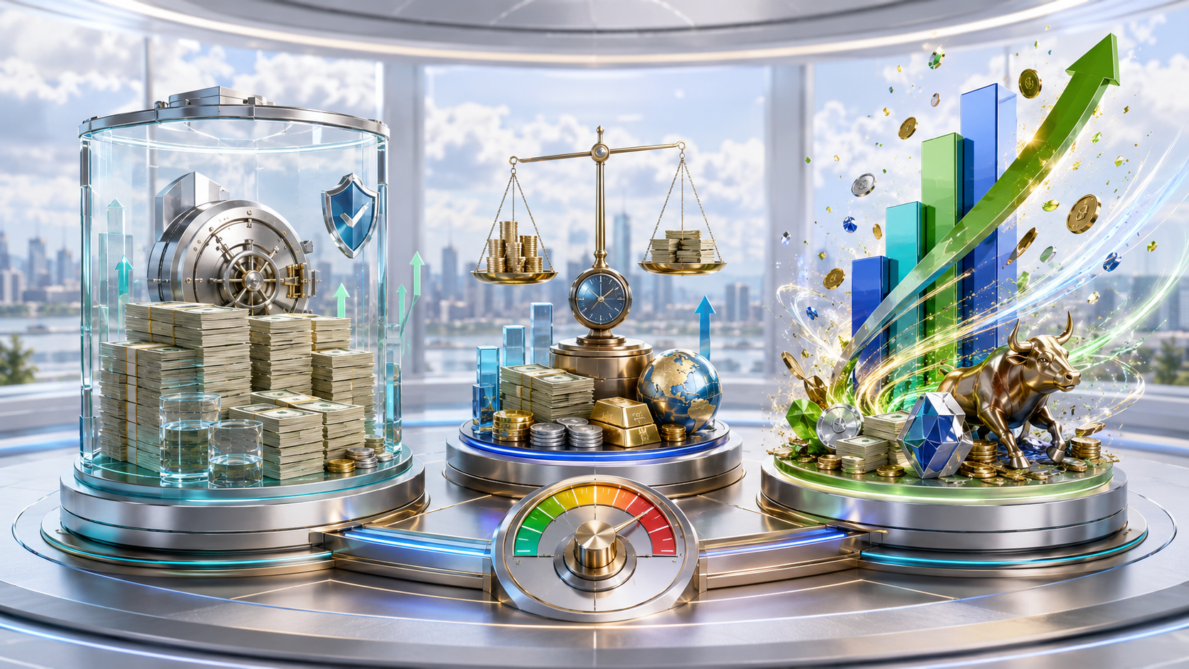 Cash allocation guide inside the investment portfolio — a minimal 3D isometric glass panel hero with a bar chart of conservative, balanced, and aggressive cash levels, and a central dial for selecting your own risk profile in the Kistack fintech tone