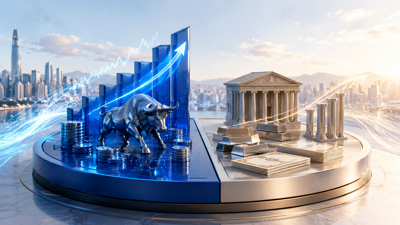 Mechanism behind the 2022 joint 60/40 drawdown — a minimal 3D isometric glass panel hero with the usual negative-correlation flow on one side and the 2022 inflation and rate-hike shock simultaneously hitting both assets on the other side in the Kistack fintech tone