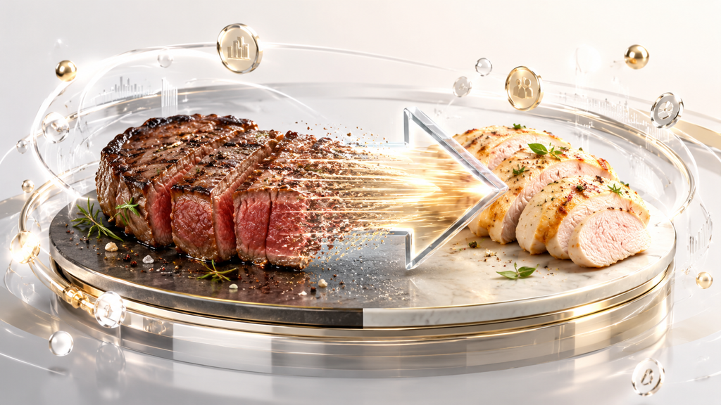 Substitution effect visualized as a swap from beef to chicken — a minimal 3D isometric glass panel hero with a pricier beef panel and a steady chicken panel, a consumer flow arrow moving from one to the other in the Kistack fintech tone