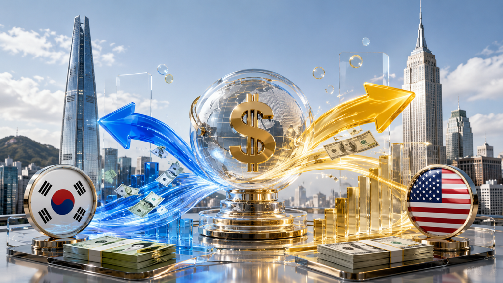 Dollar supply and demand flow shaping the exchange rate — a minimal 3D isometric glass panel hero with bidirectional capital arrows running between Korea and US markets and a central exchange rate gauge in the Kistack fintech tone