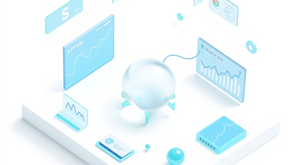 S&P 500과 나스닥 두 지수 10년 비교 메인 비주얼 — 흰 배경 위 미니멀 3D 아이소메트릭 글래스 패널 두 개가 좌우 대칭으로 떠 있고 중앙에 두 갈래 곡선과 차트·UI 카드·글로시 스피어가 부유하는 Kistack 핀테크 hero 톤 합성