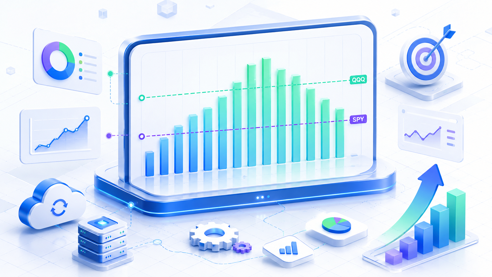 SPY baseline and QQQ baseline make the same result read differently — matte 3D glass panel with one central main mass and two smaller masses split left and right, floating chart and UI cards on a black canvas in the Innovation Forest tone